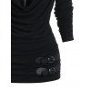 Contrast Pipe Tee Draped Long Sleeve Buckle Ruched Casual T Shirt - BLACK XXXL