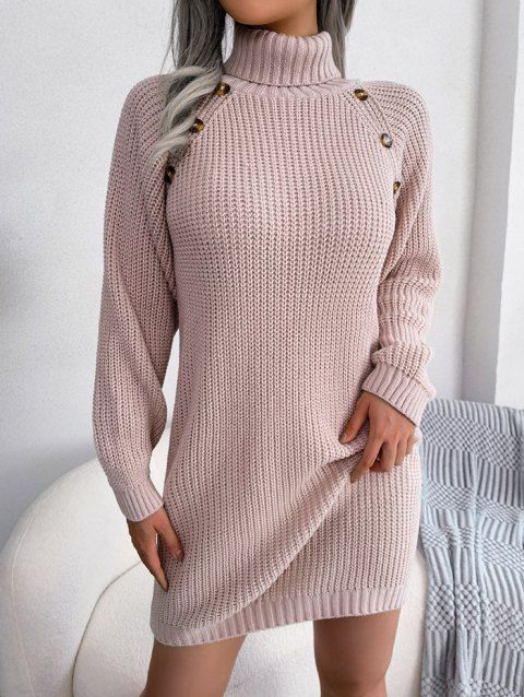 Plain Color Sweater Dress Textured Mock Button Turtleneck Long Sleeve Shift Mini Sweater Dress