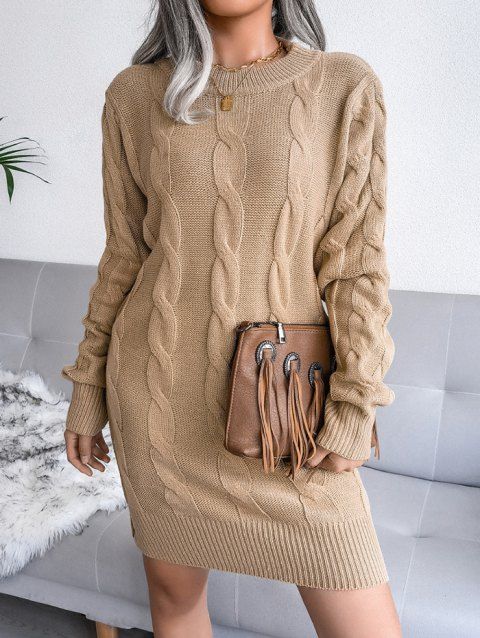 Cable Knit Sweater Dress Plain Color Round Neck Long Sleeve Shift Mini Sweater Dress
