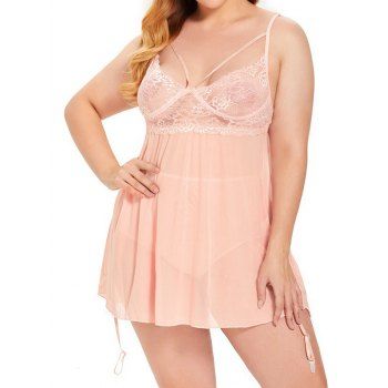 

Plus Size Sheer Mesh Flower Lace Panel Adjustable Strap Lingerie Dress And High Waist See Thru Brief Garter Set, Light coffee