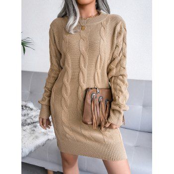 

Cable Knit Sweater Dress Plain Color Round Neck Long Sleeve Shift Mini Sweater Dress, Light yellow