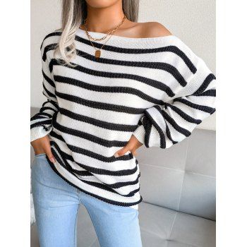 

Two Tone Color Sweater Skew Neck Long Sleeve Pullover Sweater, White