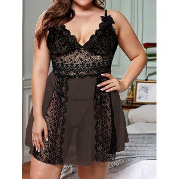

Plus Size Lingerie Dress Colorblock Flower Lace Panel Sheer Mesh Scalloped Lingerie Set, Black