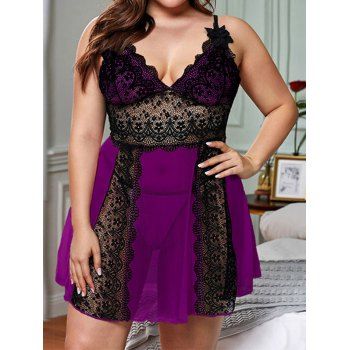 

Plus Size Lingerie Dress Colorblock Flower Lace Panel Sheer Mesh Scalloped Lingerie Set, Concord