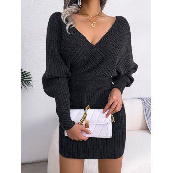 

Textured Dress Plain Color Surplice Plunging Neck Long Sleeve High Waisted Mini Dress, Black