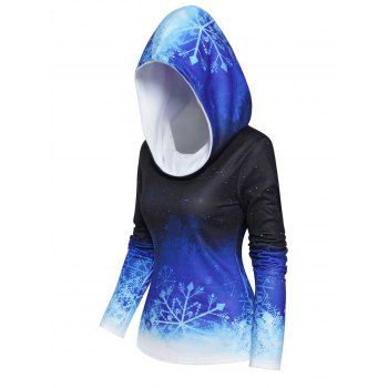 

Christmas Snowflake Galaxy Print Fleece Liner Hood Cowl Neck Top Long Sleeve Hooded Top, Blue