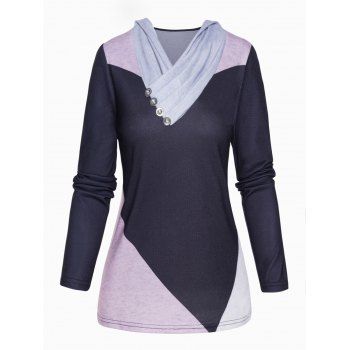 

Contrasting Colorblock Long Sleeve Top Mock Button Ruched Crossover Top, Multicolor