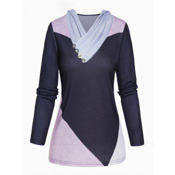 Contrasting Colorblock Long Sleeve Top Mock Button Ruched Crossover Top
