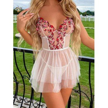 

See Thru Floral Embroidery Mesh Lingerie Dress Adjustabel Strap Layered Lingerie Dress Set, Multicolor a