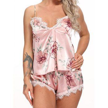 

Flower Print Lace Detail Pajamas Set Adjustable Strap Plunge Cami Top And Elastic Waist Shorts Set, Light coffee