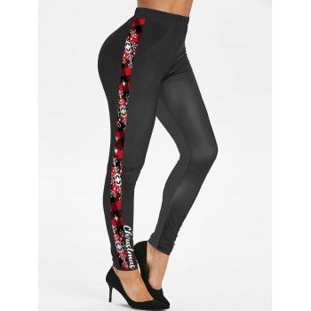 

Christmas Snowflake Plaid Print Panel Leggings High Waist Skinny Long Leggings, Black