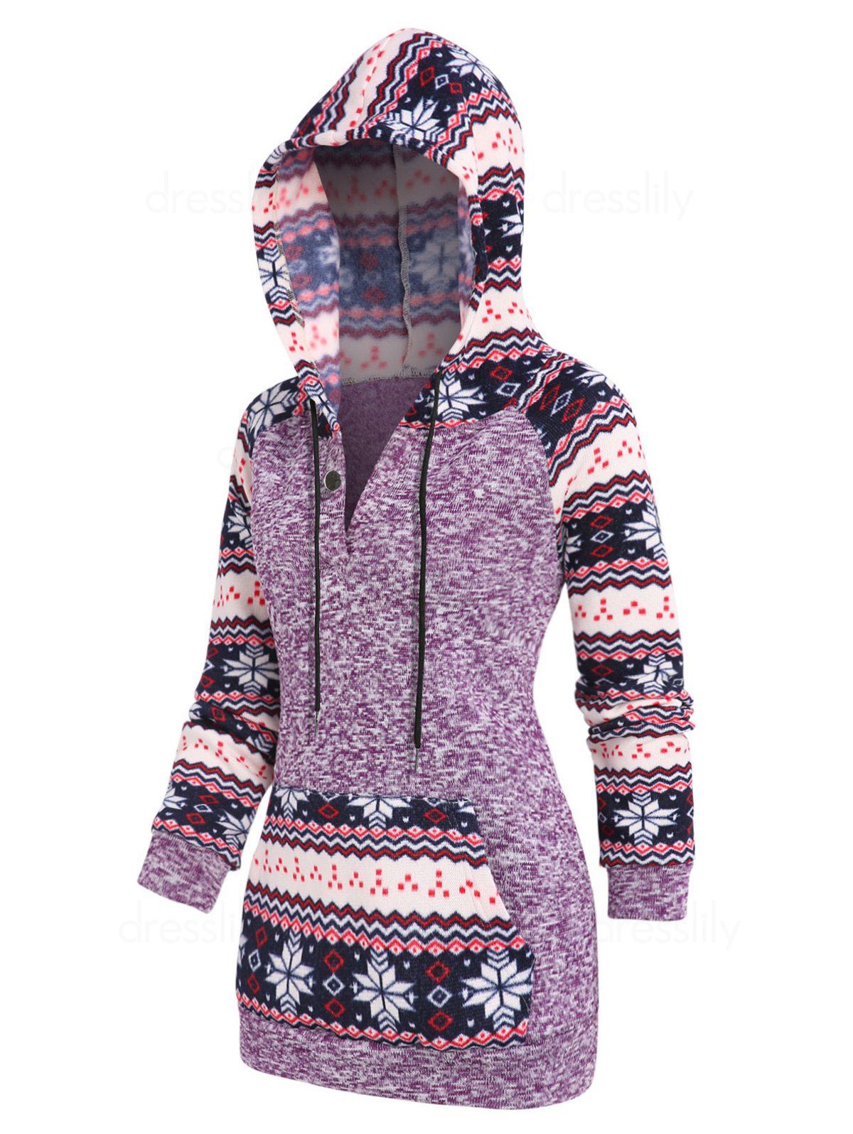 Pull à Capuche Motif Tribal à Manches Raglan - Pourpre M