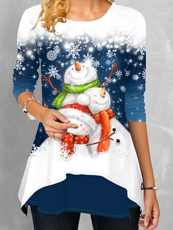 T-shirt de Noël Ombré à Imprimé Flocon de Neige Mignon à Manches Longues - multicolor A 3XL