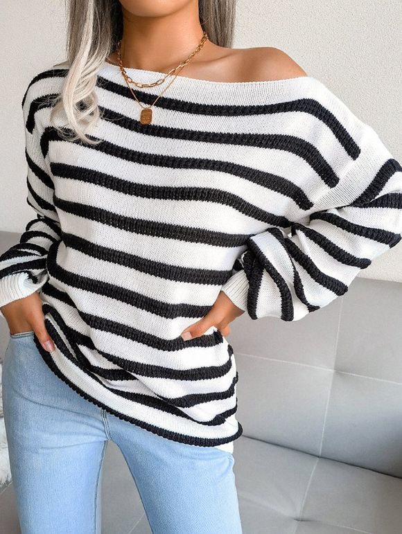 Pull Bicolore en Blocs de Couleurs Manches Longues à Col Oblique - Blanc L