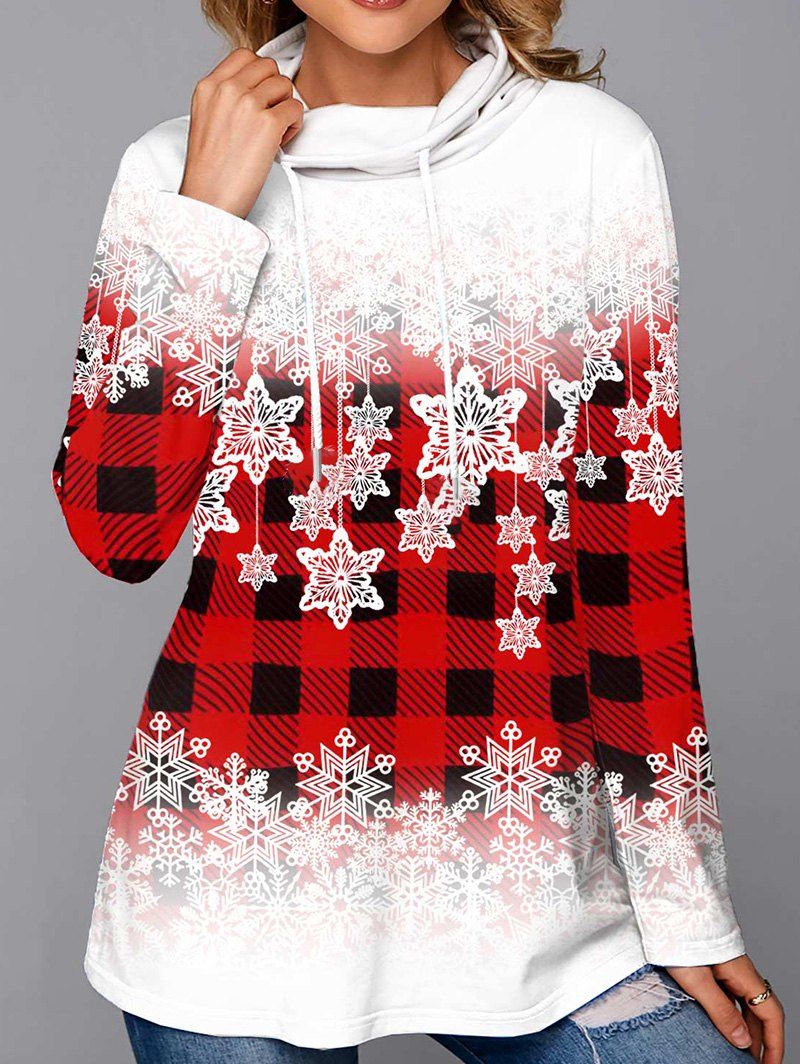 Sweat-shirt de Noël à Carreaux à Imprimé Flocon de Neige à Manches Longues à Cordon - Rouge 3XL