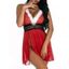 Ensemble de Lingerie de Noël Fendu Plongeant Panneau en Maille Transparente à Bretelles Réglables - Rouge M