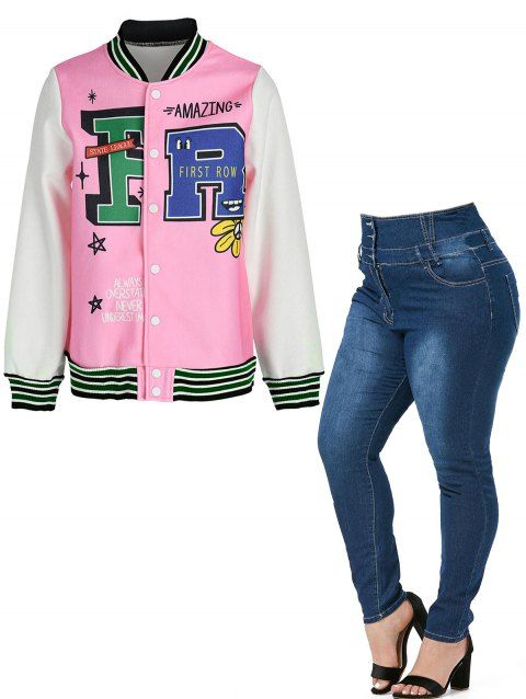 Plus Size Letter Cartoon Plant Letter Graphic Baseball Jacket And Zipper Fly Pockets Button Long Jeans Outfit
