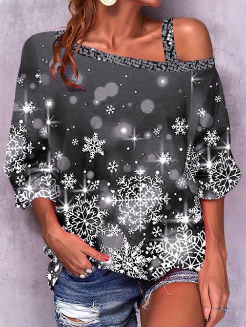 Christmas Snowflake Print Skew Collar Top Raglan Sleeve Cold Shoulder Top
