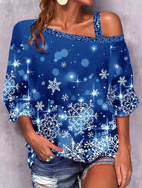 Christmas Snowflake Print Skew Collar Top Raglan Sleeve Cold Shoulder Top