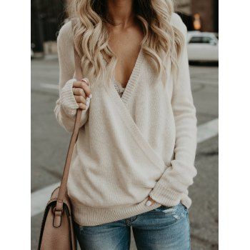 

Heather Knitwear Surplice Plunging Neck Long Sleeve Knit Top, Light coffee