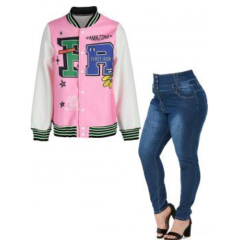 

Plus Size Letter Cartoon Plant Letter Graphic Baseball Jacket And Zipper Fly Pockets Button Long Jeans Outfit, Multicolor a