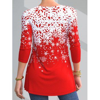 Christmas Snowflake Print Top See Thru Flower Lace Applique Long Sleeve Xmas Top