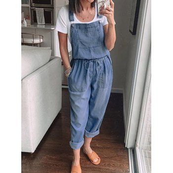 

Light Wash Dungaree Jumpsuit Drawstring Waist Front Pocket Denim Overall, Light blue