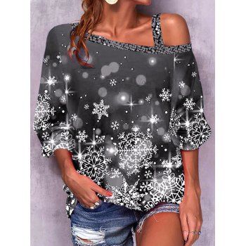 

Christmas Snowflake Print Skew Collar Top Raglan Sleeve Cold Shoulder Top, Black