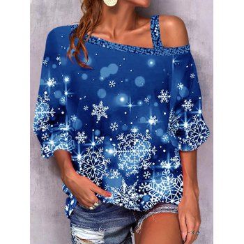 

Christmas Snowflake Print Skew Collar Top Raglan Sleeve Cold Shoulder Top, Deep blue