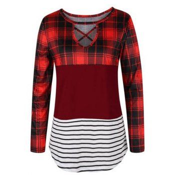 

Contrasting Plaid Stripe Print Panel Top Crosscriss Cut Out Long Sleeve Top, Red