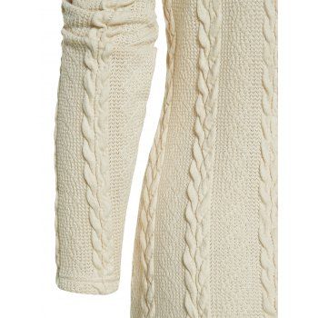 Cable Knit Sweater Mock Button Hooded Sweater Two Tone Color Long Sleeve Sweater