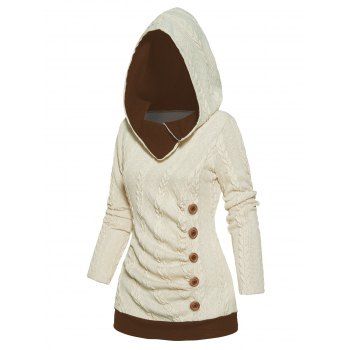 

Cable Knit Sweater Mock Button Hooded Sweater Two Tone Color Long Sleeve Sweater, Light coffee