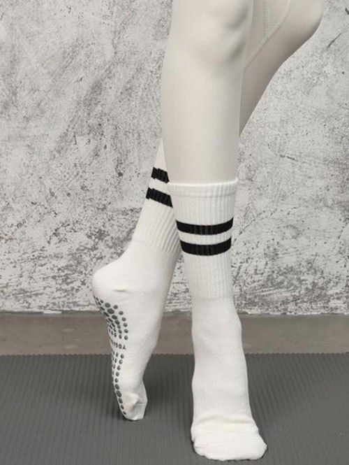 Chaussettes de Sport de Yoga Rayées Mi-Mollet Antidérapantes - Blanc 