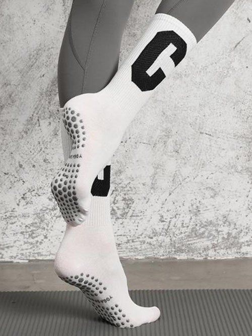 Chaussettes de Sport de Yoga Lettre Texturé Anti-Dérapantes à Mi-Mollet - Blanc 