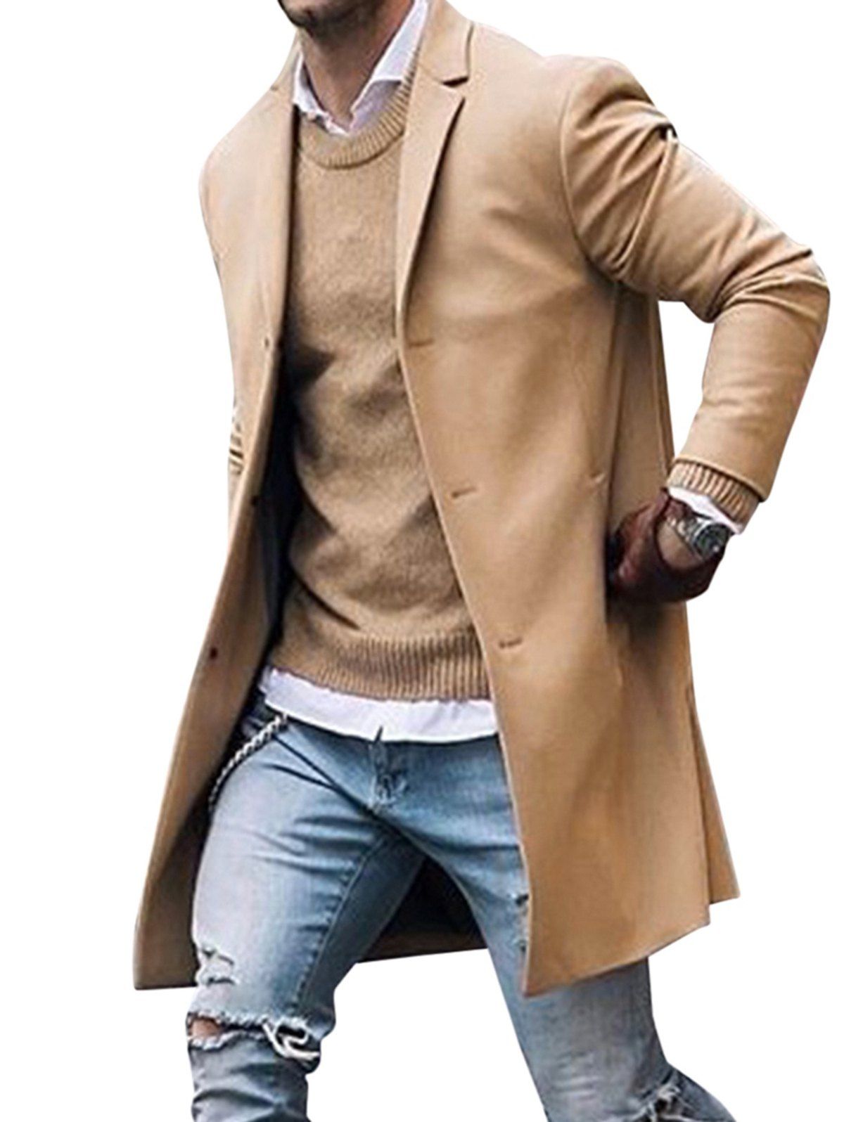 Dresslily Plain Color Coat Side Pocket Full Sleeve Turn Down Collar Button Up Long Coat