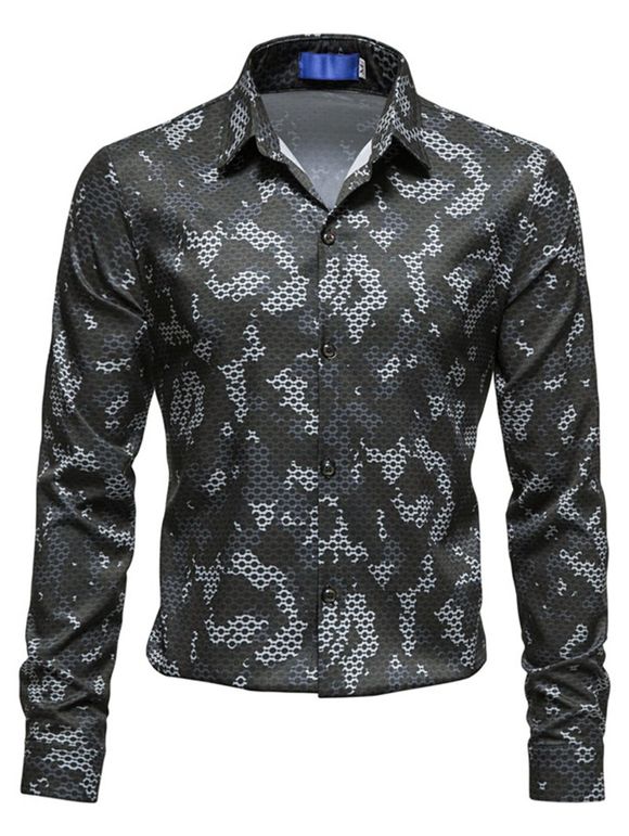 Chemise Boutonnée en Tissu Imprimé à Manches Longues à Col Relevé - Noir XXL