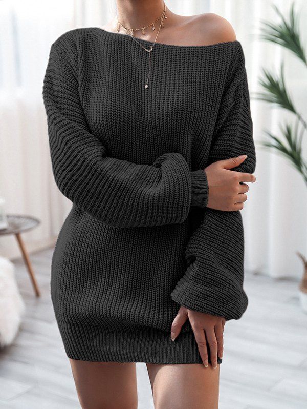 Skew Collar Mini Sweater Dress Drop Shoulder Solid Color Long Sleeve Sweater Dress - BLACK S