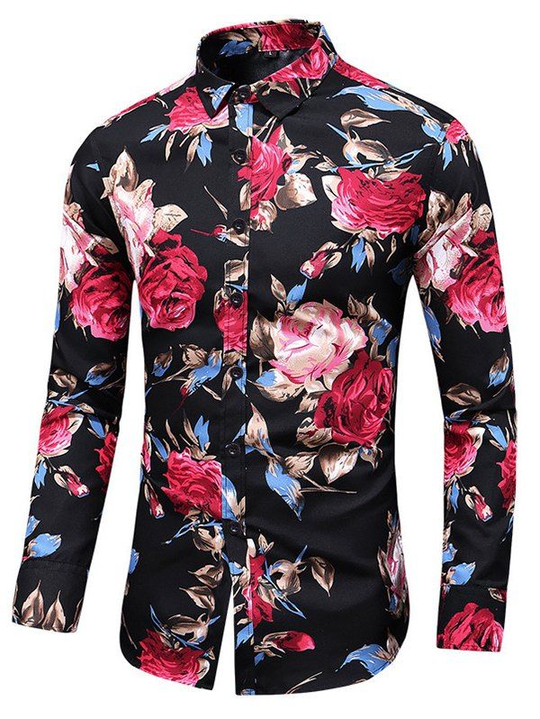 Chemise Boutonnée à Imprimé Fleur à Manches Longues à Col Relevé - Noir XL