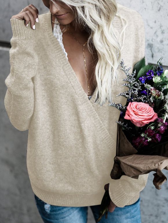 Haut Chiné Superposé en Tricot Manches Longues à Col Plongeant - café lumière 3XL