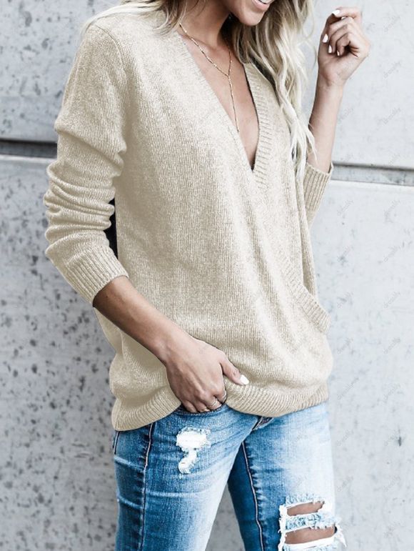 Haut Chiné Superposé en Tricot Manches Longues à Col Plongeant - café lumière 3XL