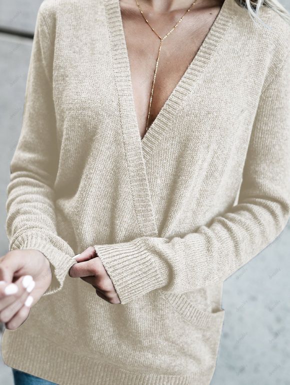 Haut Chiné Superposé en Tricot Manches Longues à Col Plongeant - café lumière 3XL