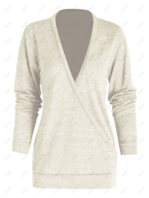 Haut Chiné Superposé en Tricot Manches Longues à Col Plongeant - café lumière 3XL