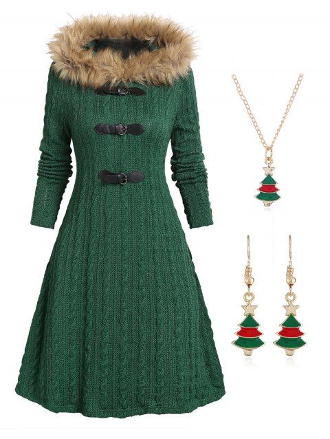 Cable Knit Buckle Faux Fur Panel Sweater Hooded Dress And Necklace Earrings Christmas Outfit