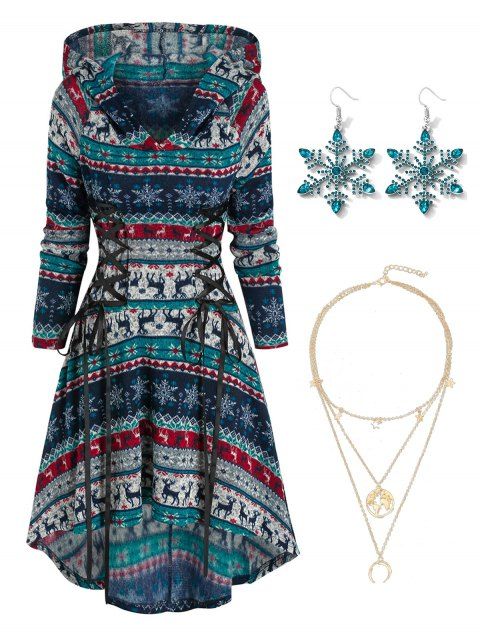 Christmas Elk Snowflake Pattern Lace-up Hooded High Low Dress And Moon Map Layered Chain Drop Necklace Earrings Set