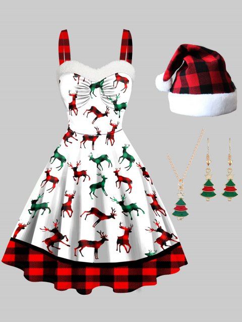 Christmas Plaid Elk Print Faux Fur Panel A Line Cami Dress And Cap Necklace Earrings Outfit