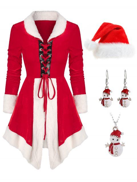 Fluffy Panel Colorblock Flare Dress And Rhinestone Snowman Necklace Earrings Set Hat Christmas Outfit