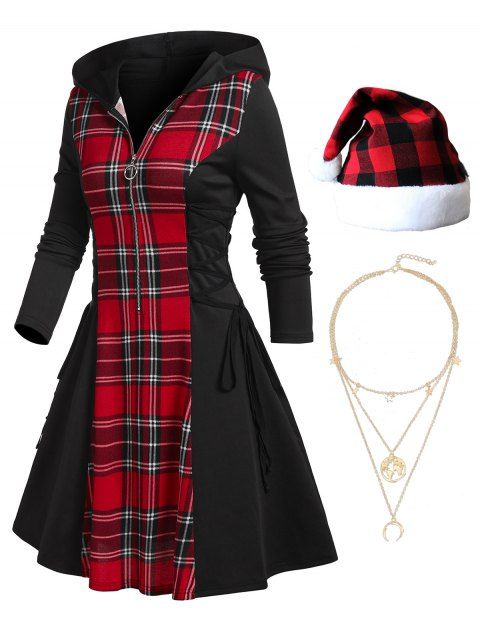 Hooded Half Zipper Lace Up Long Sleeve Plaid Dress And Christmas Cap Map Moon Layered Chain Necklace Outfit