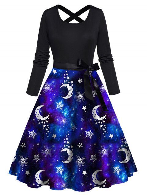 Vintage Dress Galaxy Moon Star Print Bowknot Belted Crisscross High Waisted Long Sleeve A Line Midi Dress