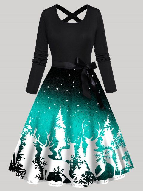 Christmas Dress Ombre Elk Snowflake Print Bowknot Belted Crisscross High Waisted Long Sleeve A Line Midi Dress