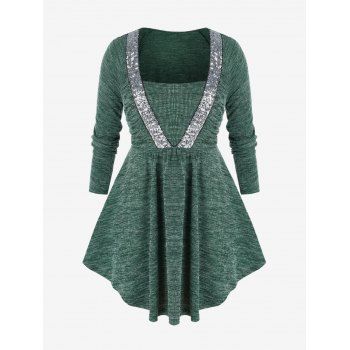 

Plus Size Ribbed Knit Sequined Square Neck Sweater, Deep green